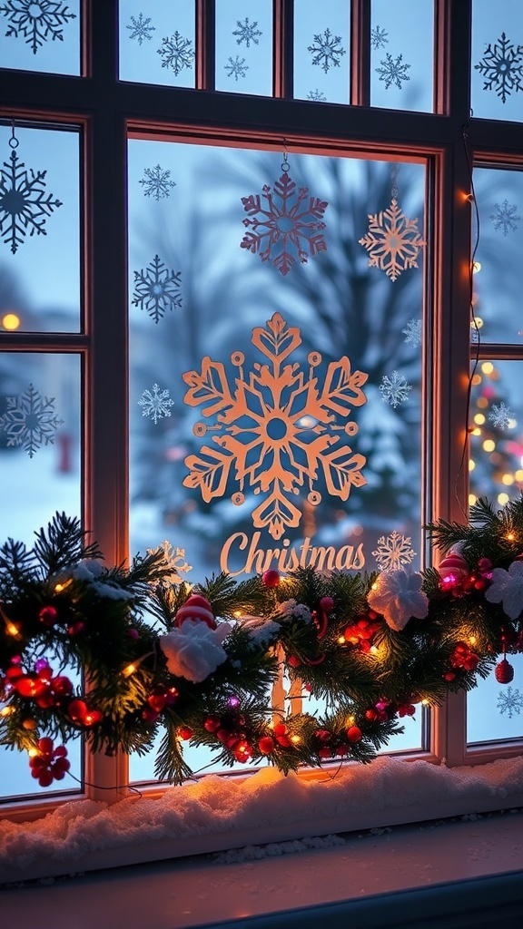Christmas window decorations with snowflakes, garlands, and fairy lights.
